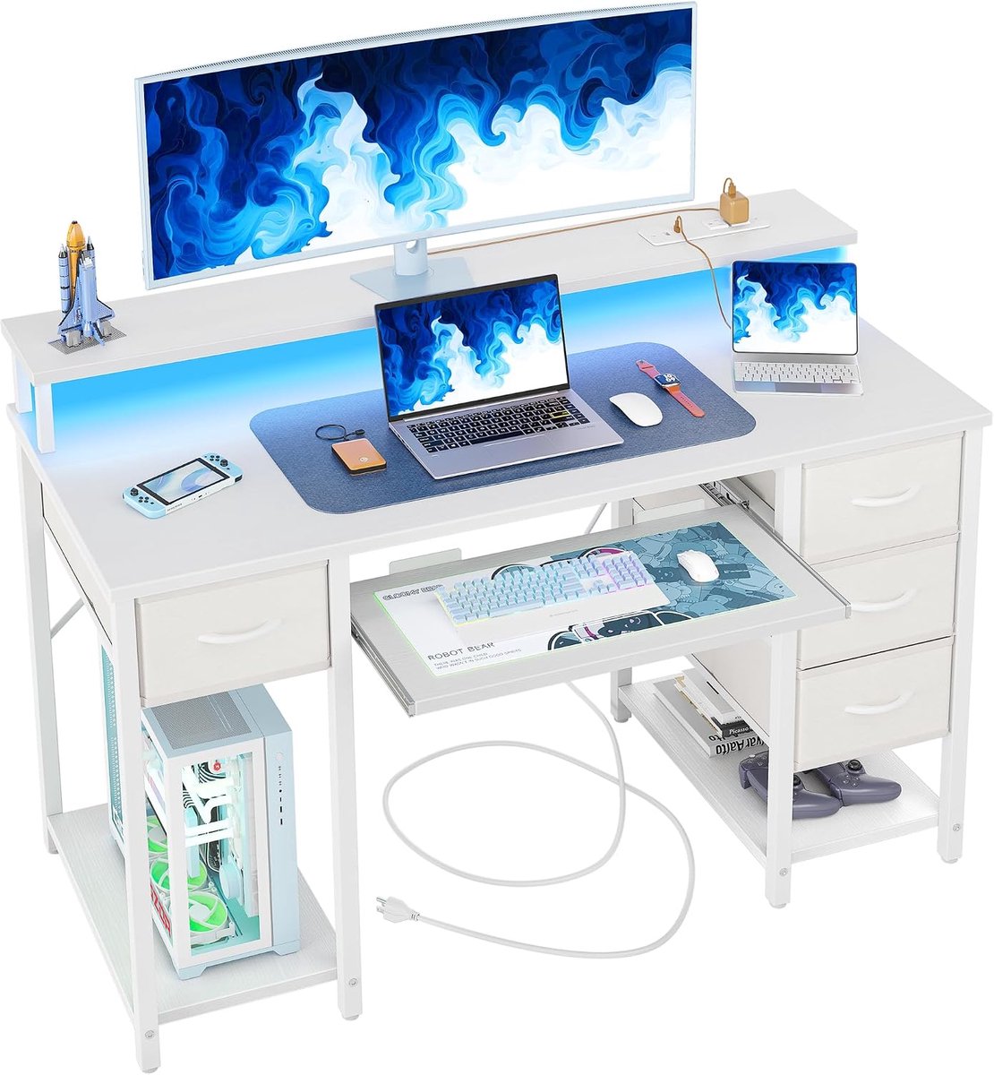 Modern Bureau Stopcontacten LED - 120x50cm Gaming Computertafel, Toetsenbordlade 4 Omkeerbare Lades, Grote Opbergruimte Boekenplank Werkstation voor Studie Speel Werk Slaap Kamer Thuis Kantoor