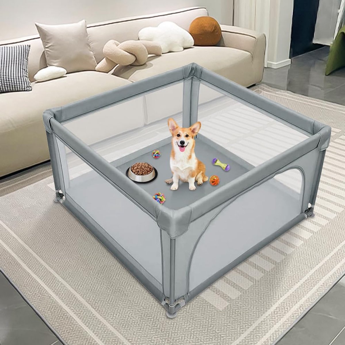 Box met deur, box voor puppy's of kleine honden, stevige omheining van dikke stof en zeer sterk nylon net, machinewasbaar, binnen en buiten, 120 x 120 x 66 cm, lichtgrijs