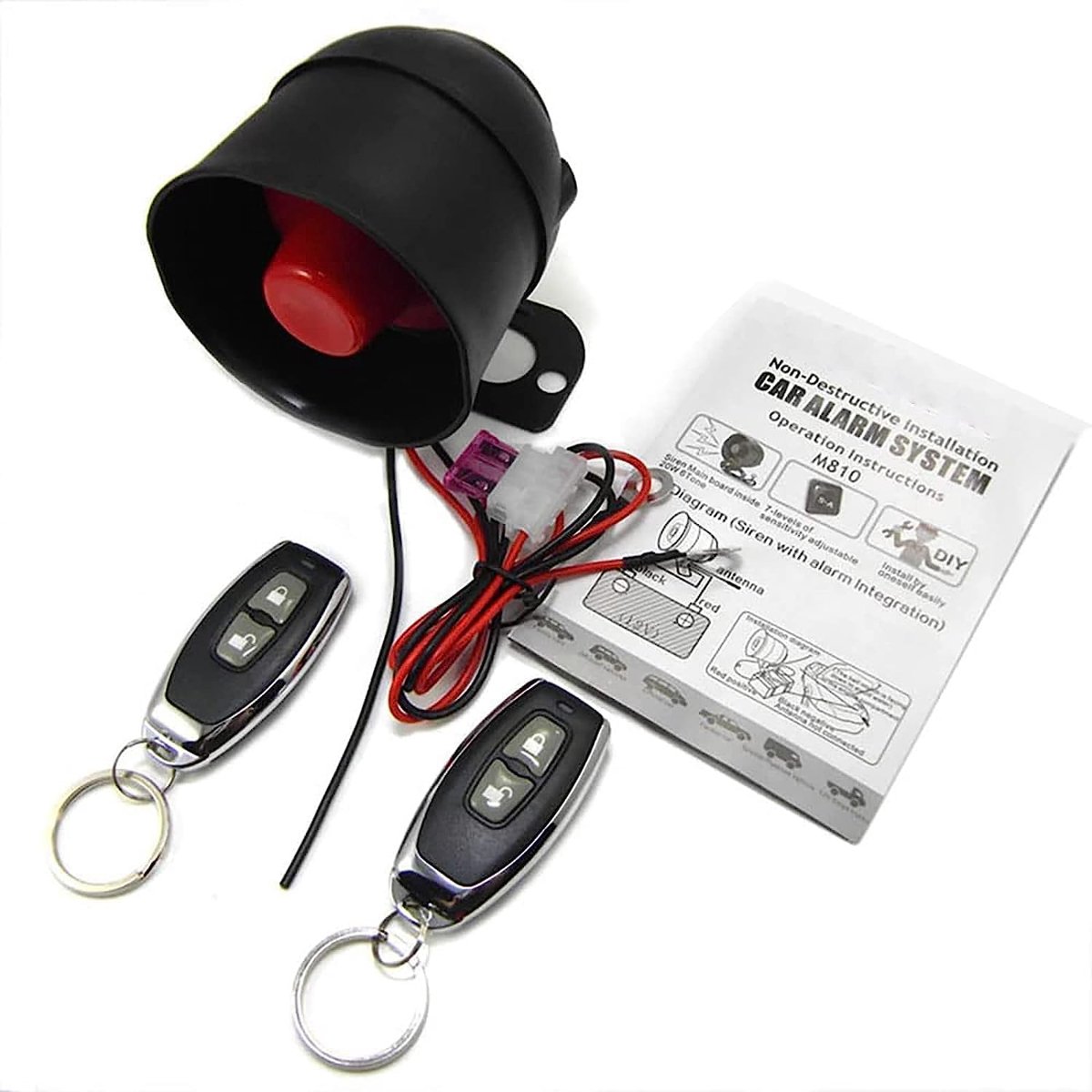 Auto-alarmsysteem met afstandsbediening, 120dB 6 tonen 7-tone gevoeligheidsniveaus, universeel alarmspreker 12V veiligheidssysteem Universeel systeem
