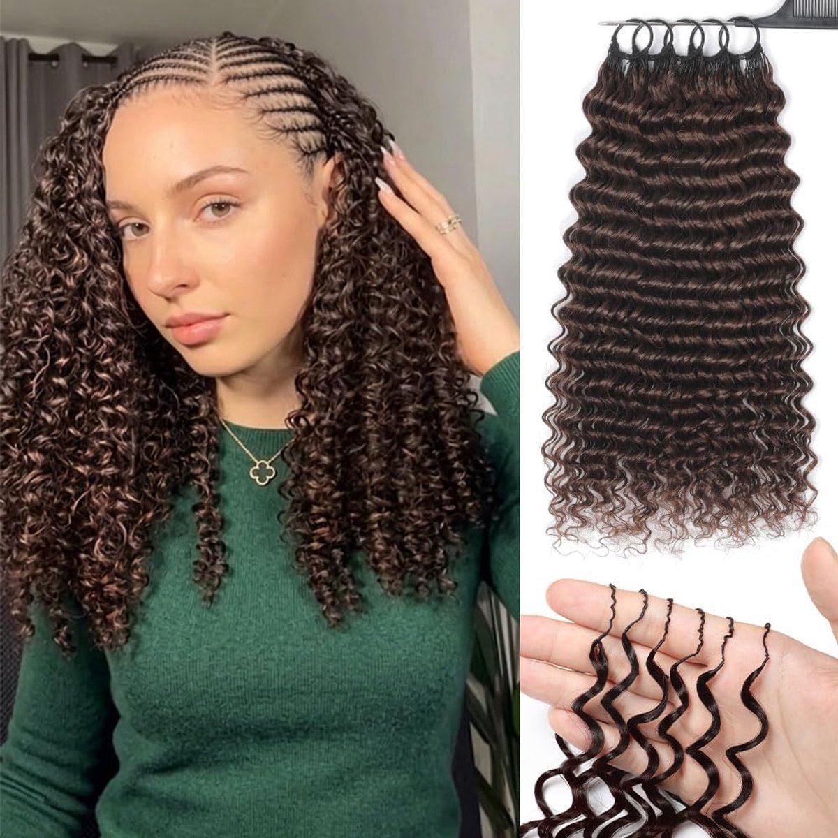 Feather Crochet Human Hair Bundles for Black Women 16 Zoll Deep Wave Brown Human Hair Crochet 125g 100Pcs Wet and Wavy Invisible Knotless Curly Schwarz Echthaar Haarverlängerungen