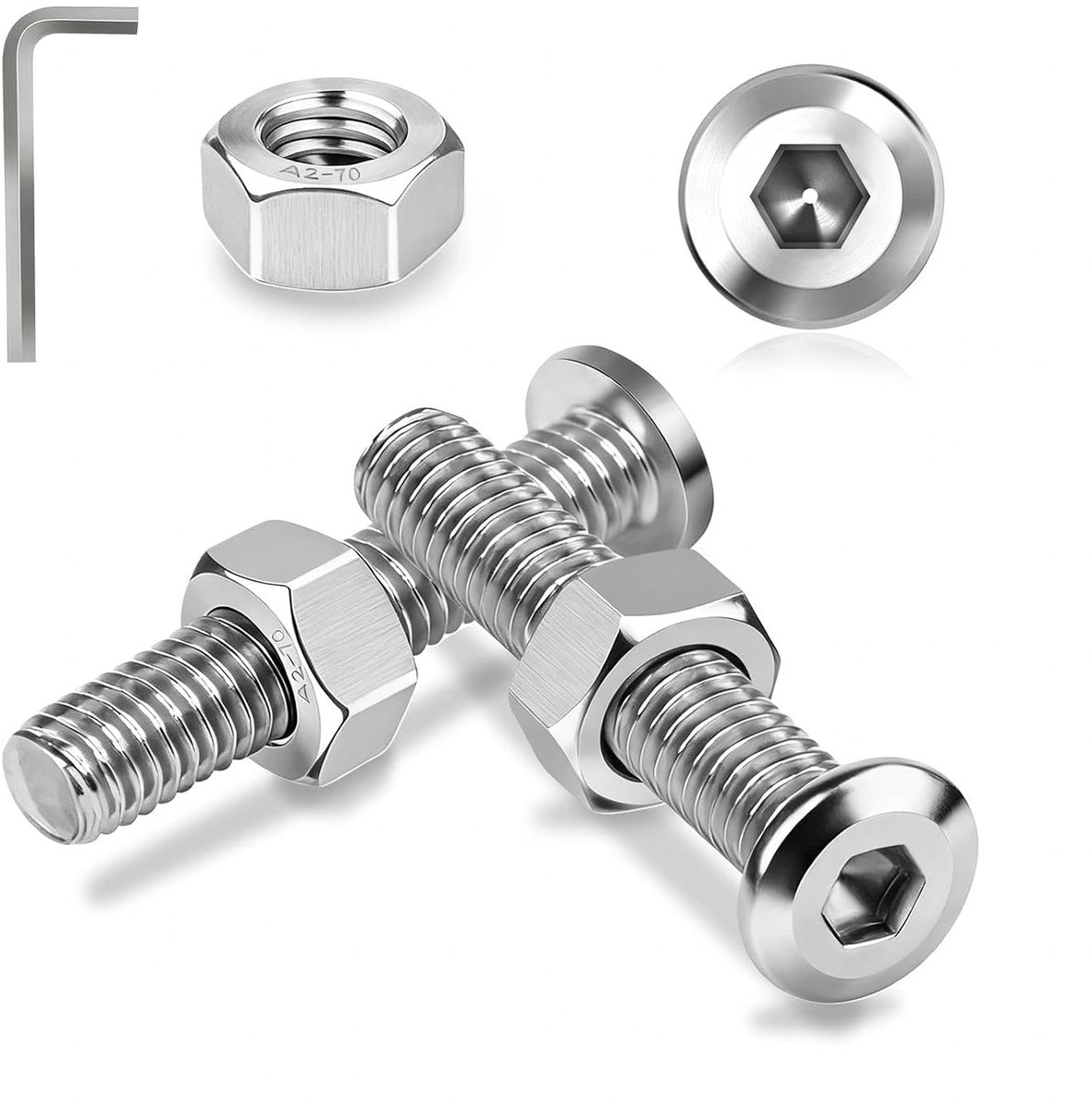 Sets schroeven van roestvrij staal, M6 x 50 mm, platte kopschroeven, binnenzeskantschroeven en moeren, set lenskopschroeven, A2 V2A, volledige schroefdraad, zeskantschroeven met moeren voor