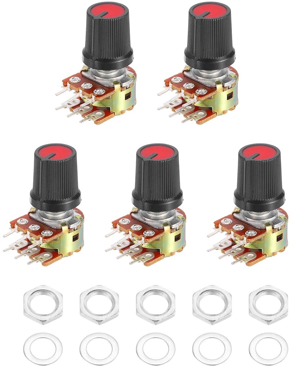 Potentiometerset, 6-polige as deelbaar lineaire dubbele conik draaipotentiometer audio met knop moer en sluitring, schacht 15 mm, zwart/rood