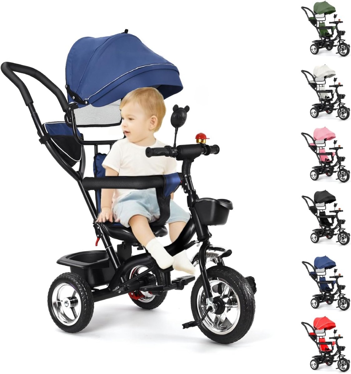 Driewieler voor baby's, uitbreidbaar tot 35 kg, babyfiets voor kinderen vanaf 1 jaar, omkeerbare zitting, driedelige zonneklep (donkerblauw)