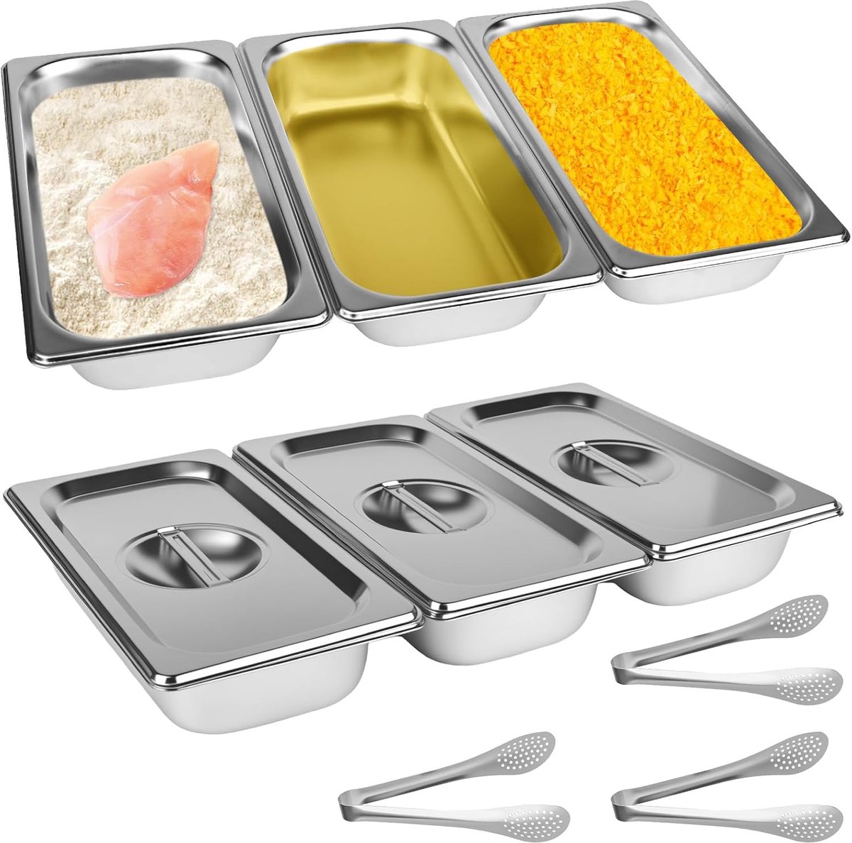 3-delig, paneerstraat snijvlakken 32,5 x 17,5 x 6,5 cm, GN 1/3 container, rechthoekige metalen gastronomische houder met deksel van roestvrij staal voor schnitzels (wordt geleverd met