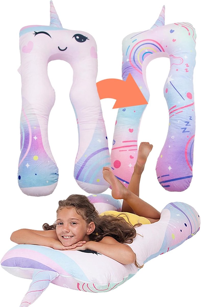 Kinderkussen voor bed slapen 60x120cm | Zijslaapkussen kinderen | Anti-stress kinderhoofdkussen | Comfortkussen kinderen voor stressbeheersing | Kussen kinderen knuffelkussen (Eenhoorn)