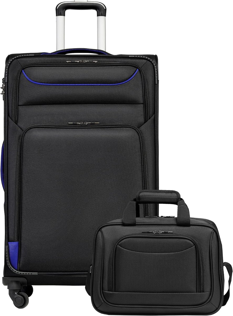 Trolley Koffer met 4 Wielen, Stoffen Handbagage met TSA-slot, Grote Schoudertas, Zwart+Blauw, Set 2-delig