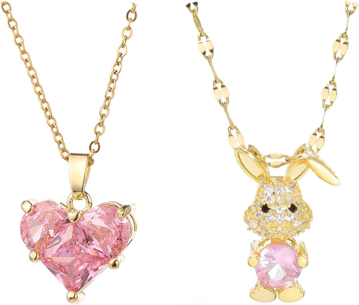 halsketting set (2 stuks), roze zirkonia konijntje hanger en hart hanger halsketting met kubische zirkonia, cadeau voor dames, met geschenkverpakking, Roestvrij staal Koper roestvrij