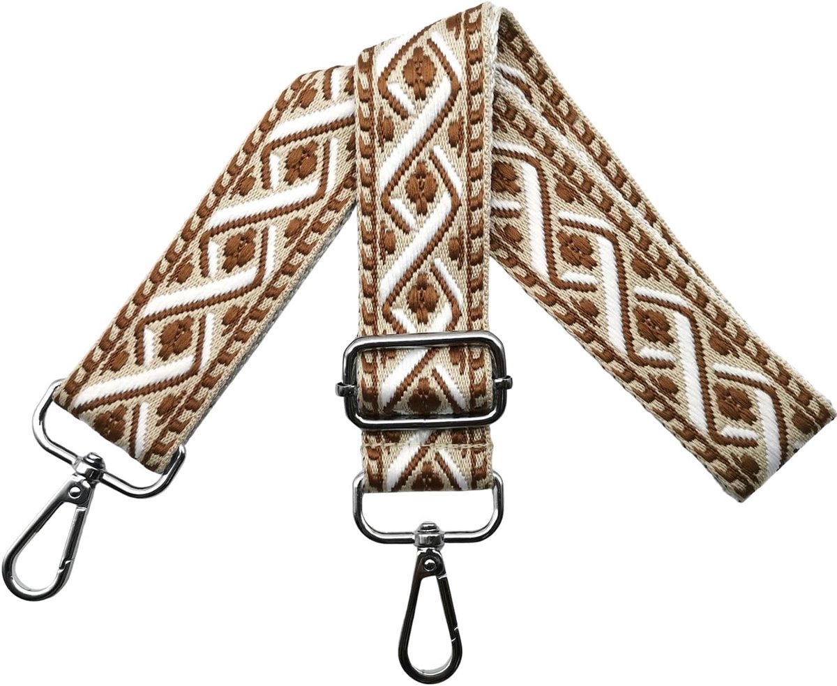 Tasriem om te wisselen, schouderriem voor tas, verstelbare tasriem, breed, 3,8 cm, met zilveren karabijnhaak, schouderriem, tasband, draagriem voor handtassen, bruin/wit, R28