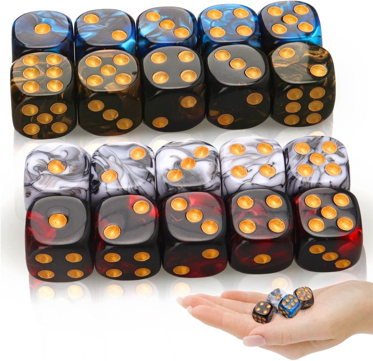 Polyhedrale dobbelstenen 16mm - 20 stuks in 4 kleuren - acryl met gouden stippen - ideaal voor rollenspellen - SnelShoppen