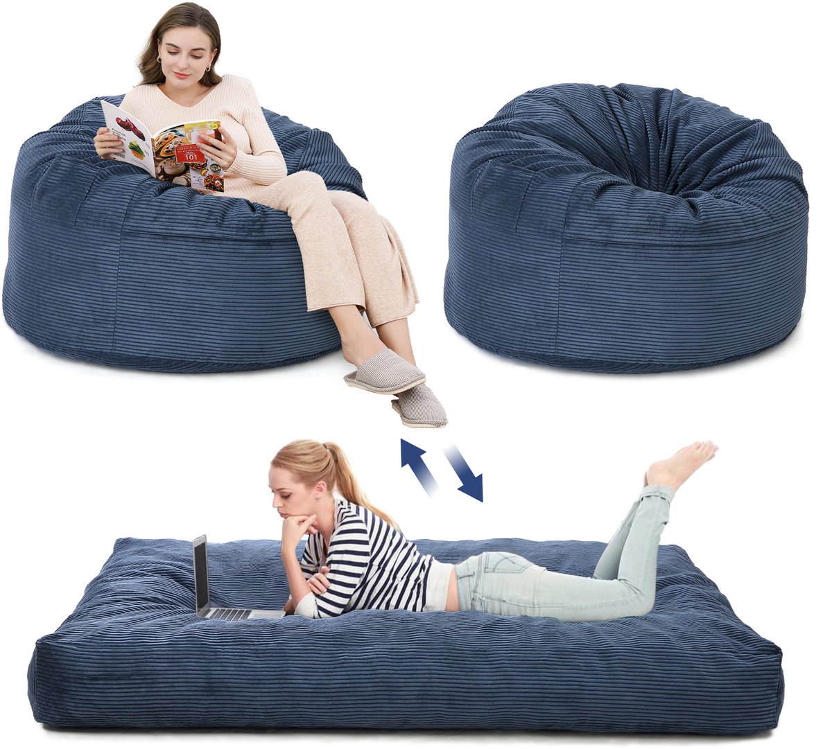 Danky - 2‑in‑1 Verstelbaar Zitzak Bed voor Volwassenen - Koorduroy Zitzakstoel - Uitneembare Wasbare Hoes - 110x70cm/190x135x25cm - Marineblauw