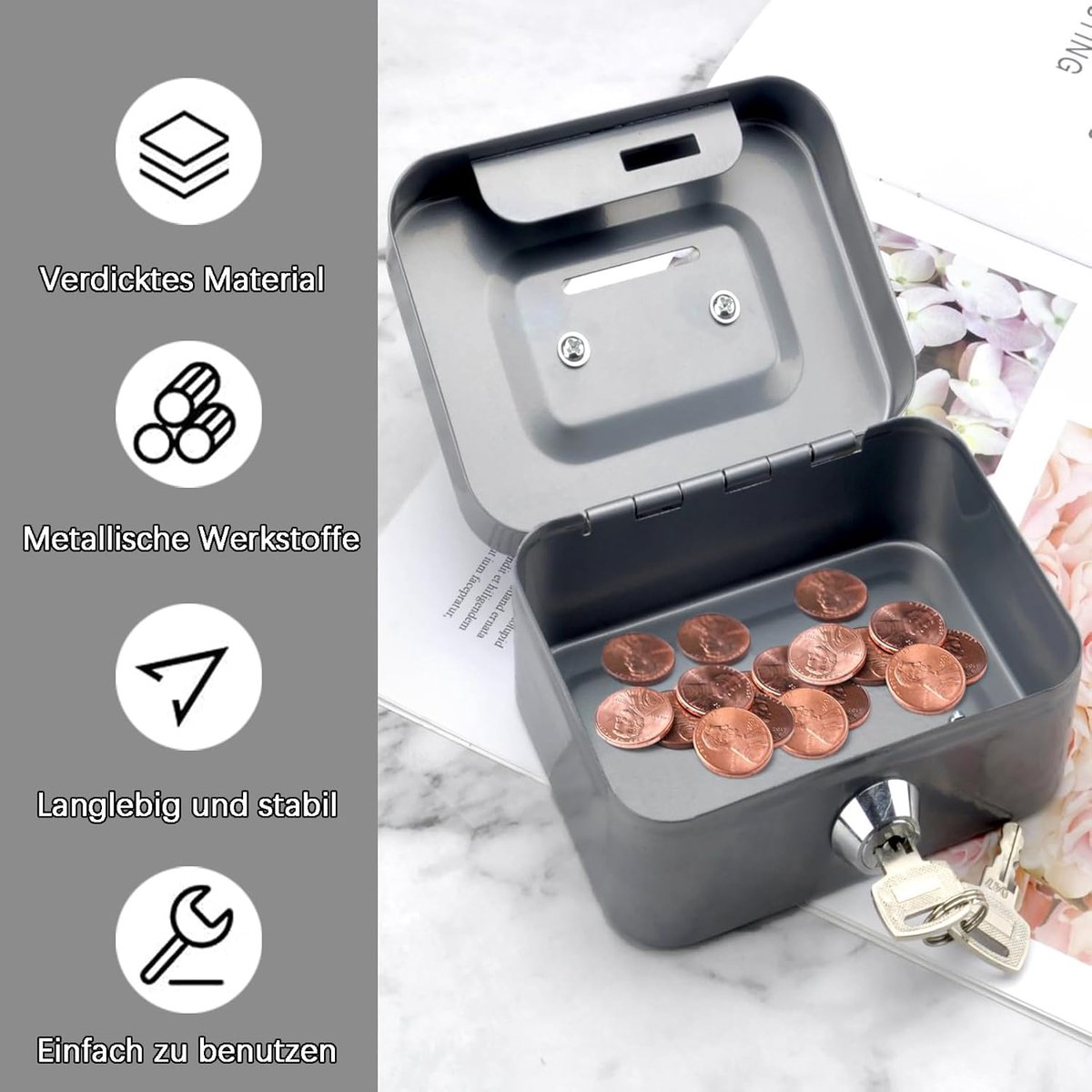 Gelddoos klein 11,5 x 8,5 x 5,8 cm - met sleutelvergrendeling - zilver met metalen behuizing - SnelShoppen