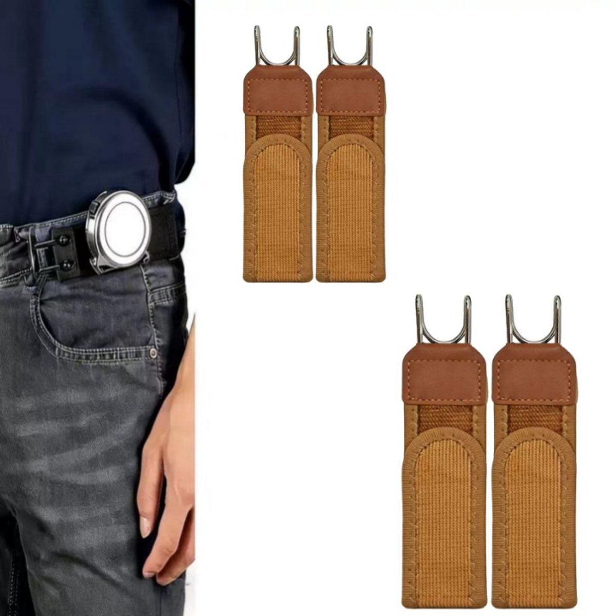 4er Set Hosenversteller Ohne Schnalle – Elastischer Unsichtbarer Gürtel – Verstellbarer Taillenclip – Für Damen und Herren –Voor Jeans, Casual, Werkkleding – Bruin