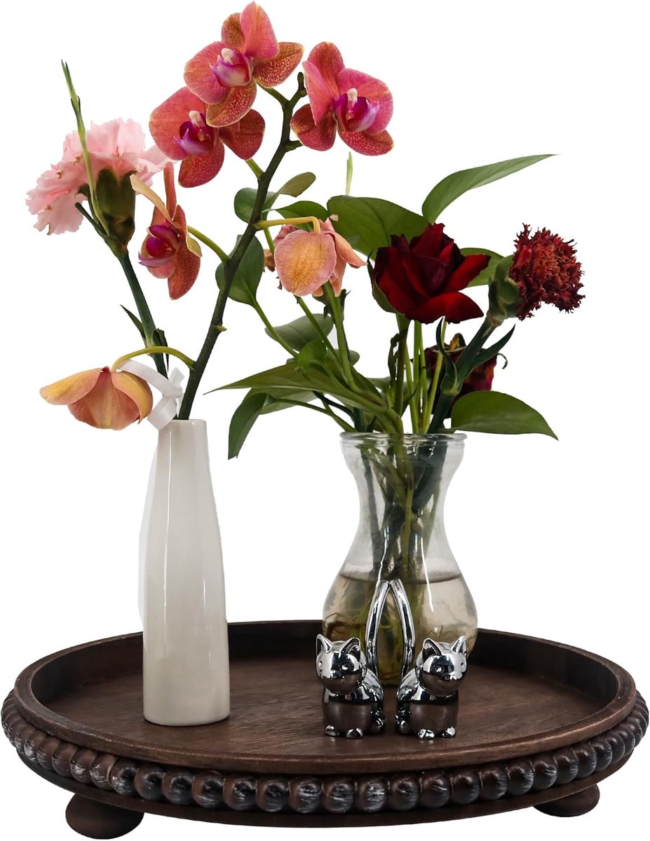 Decoratieve schaal 30 cm - houten kralen - met houten ballen - perfect voor woonkamer of keuken - SnelShoppen