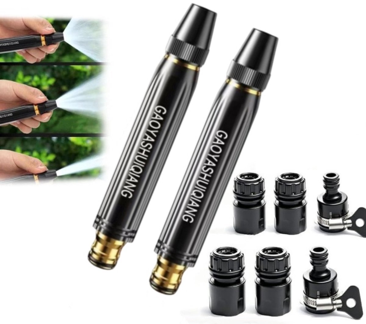 2er Set Hogedruk tuinslang spuitmond – met 6 Slangkoppelingen – verstelbare spray – anti-lek & antislip handgreep – voor auto wassen, Wassersprühpistole für Autowäsche, Garten & Reinigung – universeel