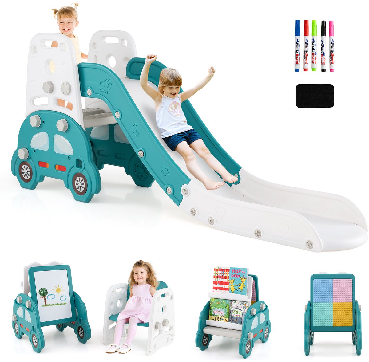 COSTWAY 5-in-1 kinderglijbaan voor binnen, ombouwbaar tot kruk & boekenplank, tweezijdig whiteboard & bouwbord, opvouwbare kinderglijbaan in autovorm, speeltuin voor kinderen vanaf 3 jaar, inclusief accessoires