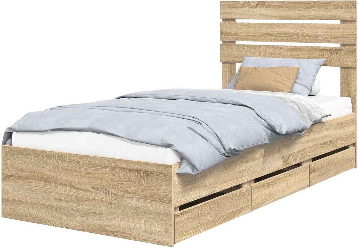 Eenpersoons Bedframe - Bed met Laden - Opbergen en Slapen - 6 Geïntegreerde Laden - 100x200 cm - Sonoma Eiken