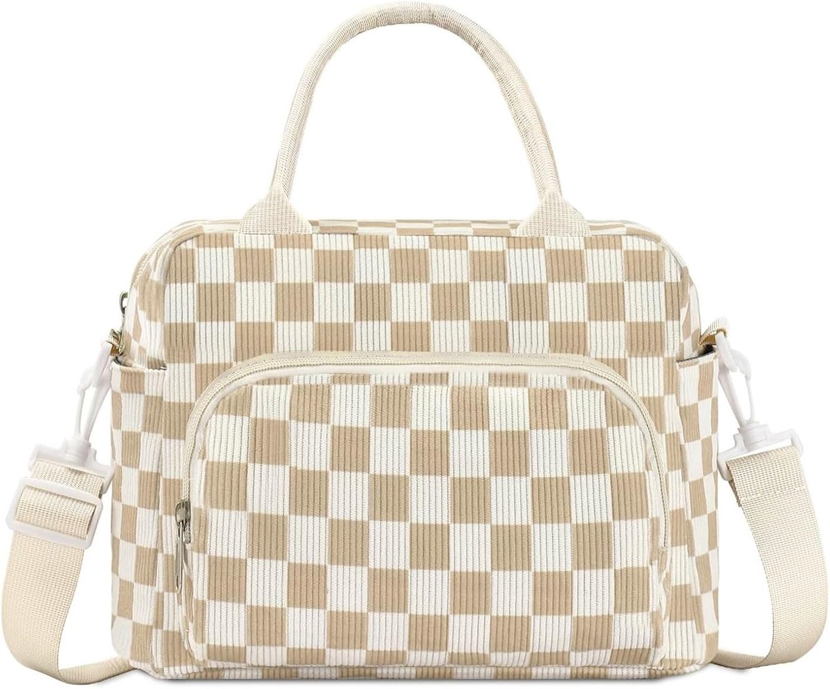 Koelbox Lunchtas - Beige Ruitpatroon - Dubbelsluiting - Houdt eten tot 8 uur vers - SnelShoppen