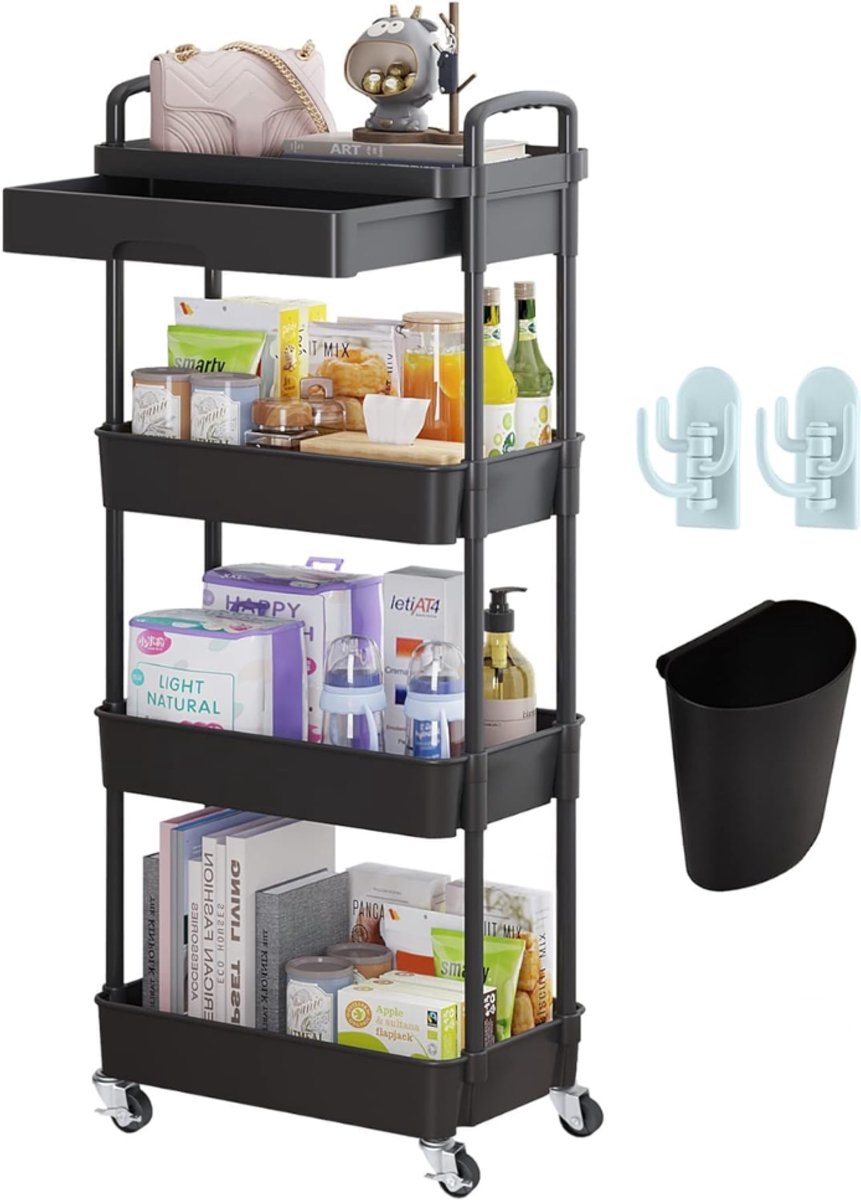 ZRNS® Opbergtrolley op Wielen - Keukentrolley - Serveerwagen - 4-laags - Zwart