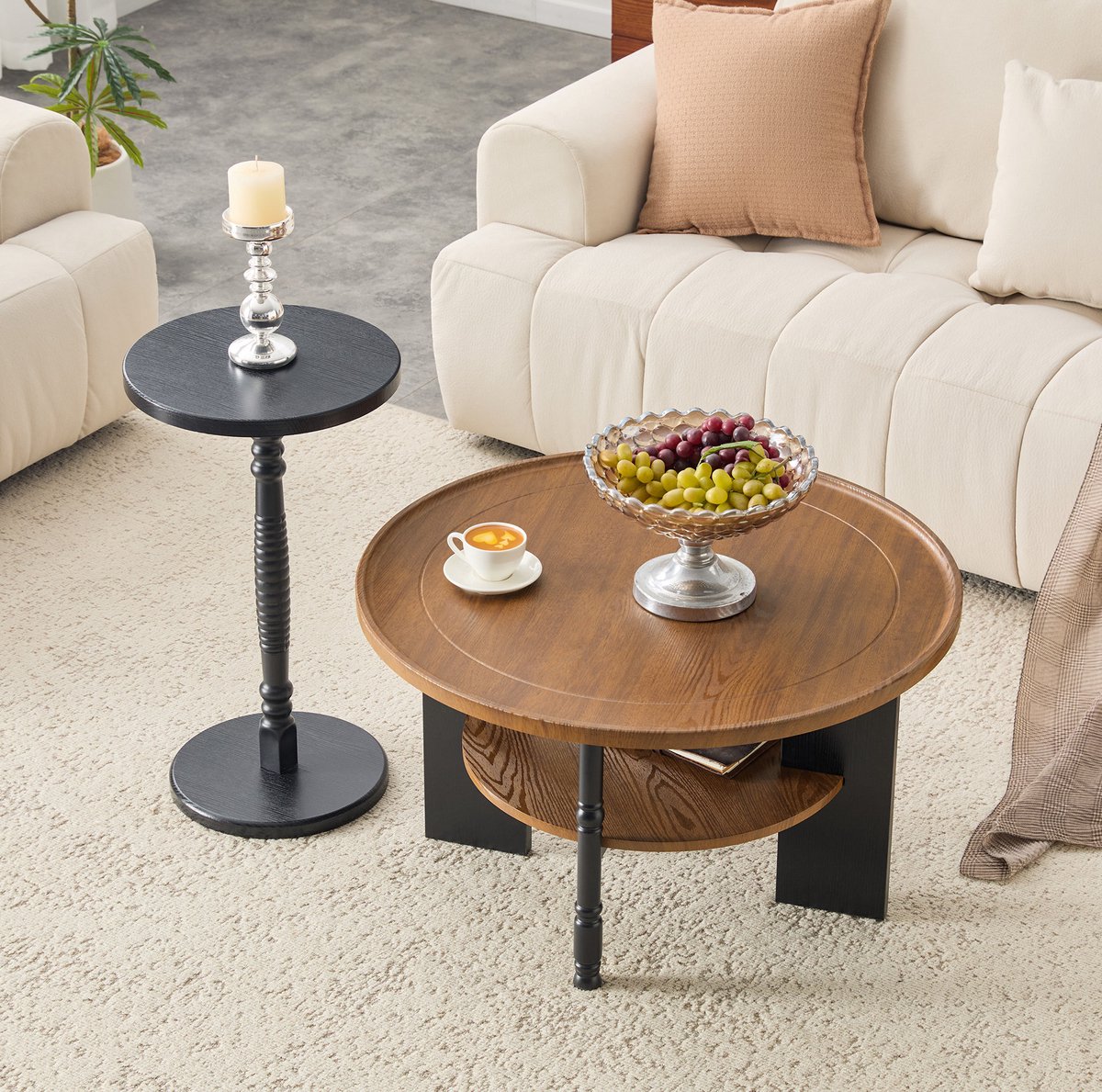 DESMIU Ronde Salontafel Set Van 2 – Opbergruimte – Ø 80 Cm En Ø 38 Cm – MDF Met PVC Afwerking – Walnoot En Zwart – Woonkamer En Slaapkamer