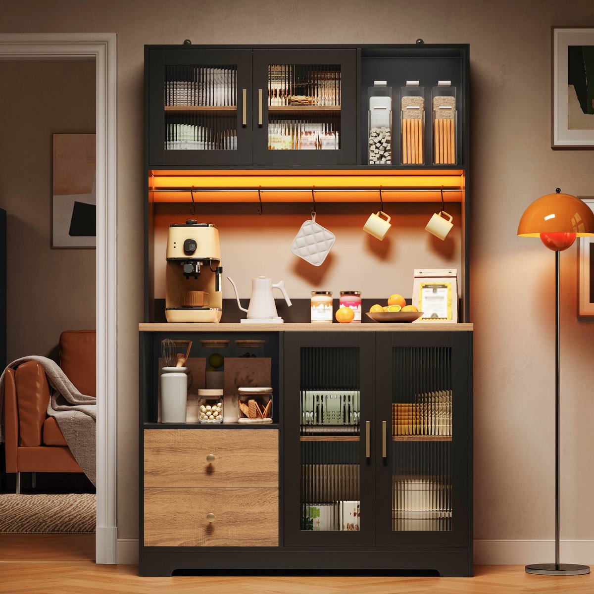 VVBV Buffetkast 110x40x178 cm - 5 Haken, Wijnrek, App-Bediening, Opbergruimte - Zwart, MDF