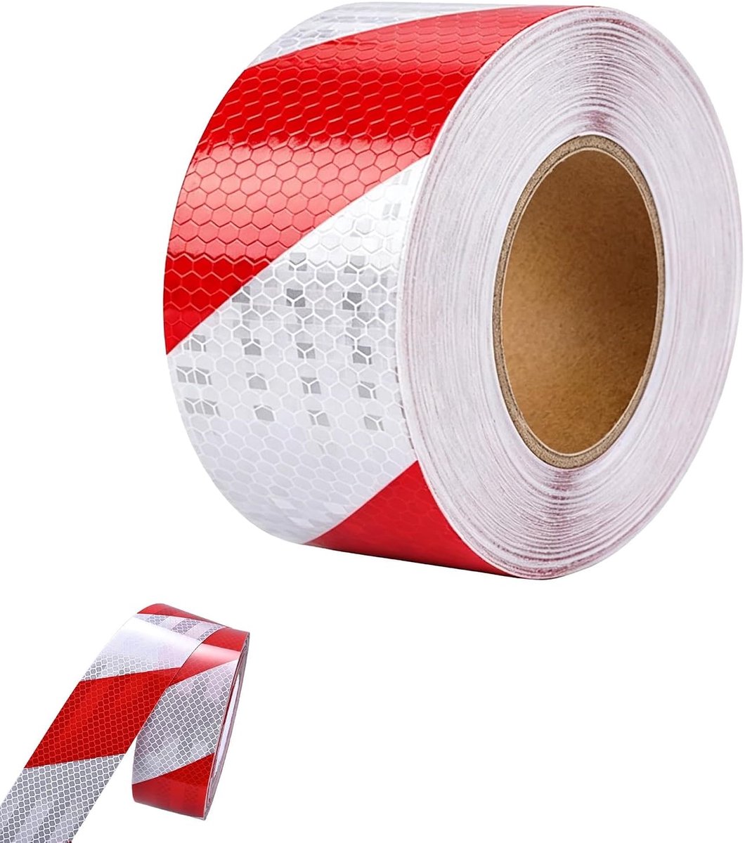 Waarschuwings tape 5CMX25M - rood-wit reflecterend - extra veiligheid - ideaal voor wegmarkering - ShopVlot