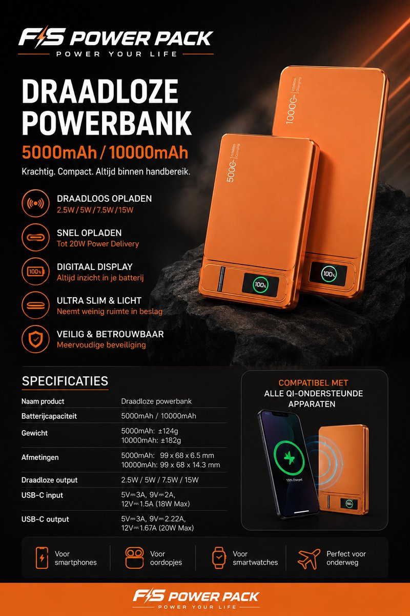 Ultra Slank Aluminium Magnetische Draadloze Powerbank 5000mAh / 10000mAh –Snellader-Fast Charging, Led Display, Portable, Ultra Slim 22.5W Snelladen – 15W MagSafe Draadloos – FS Power Pack Aluminium – Telefoonstandaard – LED Display – Oranje/Zilver — cadeau in Elektronica - foto 8