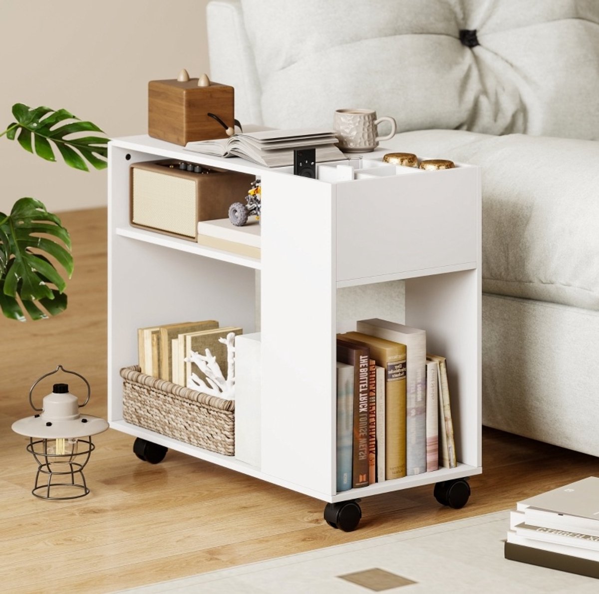 Printerstandaard Met Wielen – Compact Opbergrek Met Uitneembare Indeling – 70 x 34 x 60 cm – Spaanplaat – Wit – Voor Thuiswerkplek En Kantoor