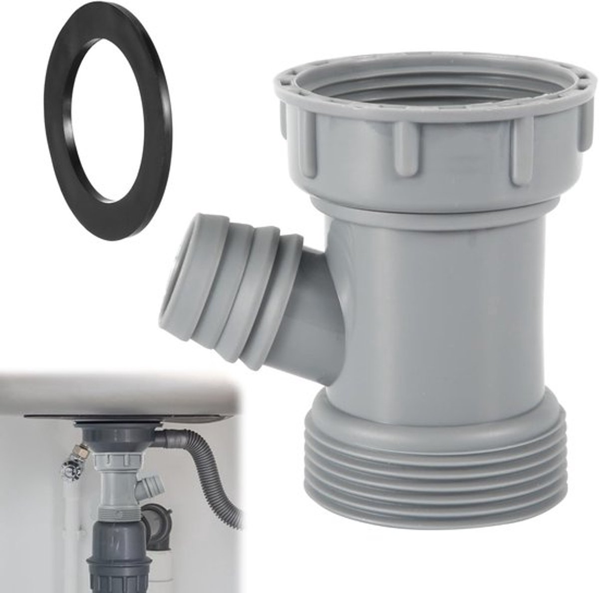 Gootsteenafvoerbuisadapter, veelzijdige Y-vormige gootsteenafvoeraansluiting met pakkingen, vertakte vaatwasserafvoerstuk, afvoerslangadapter (grijs)