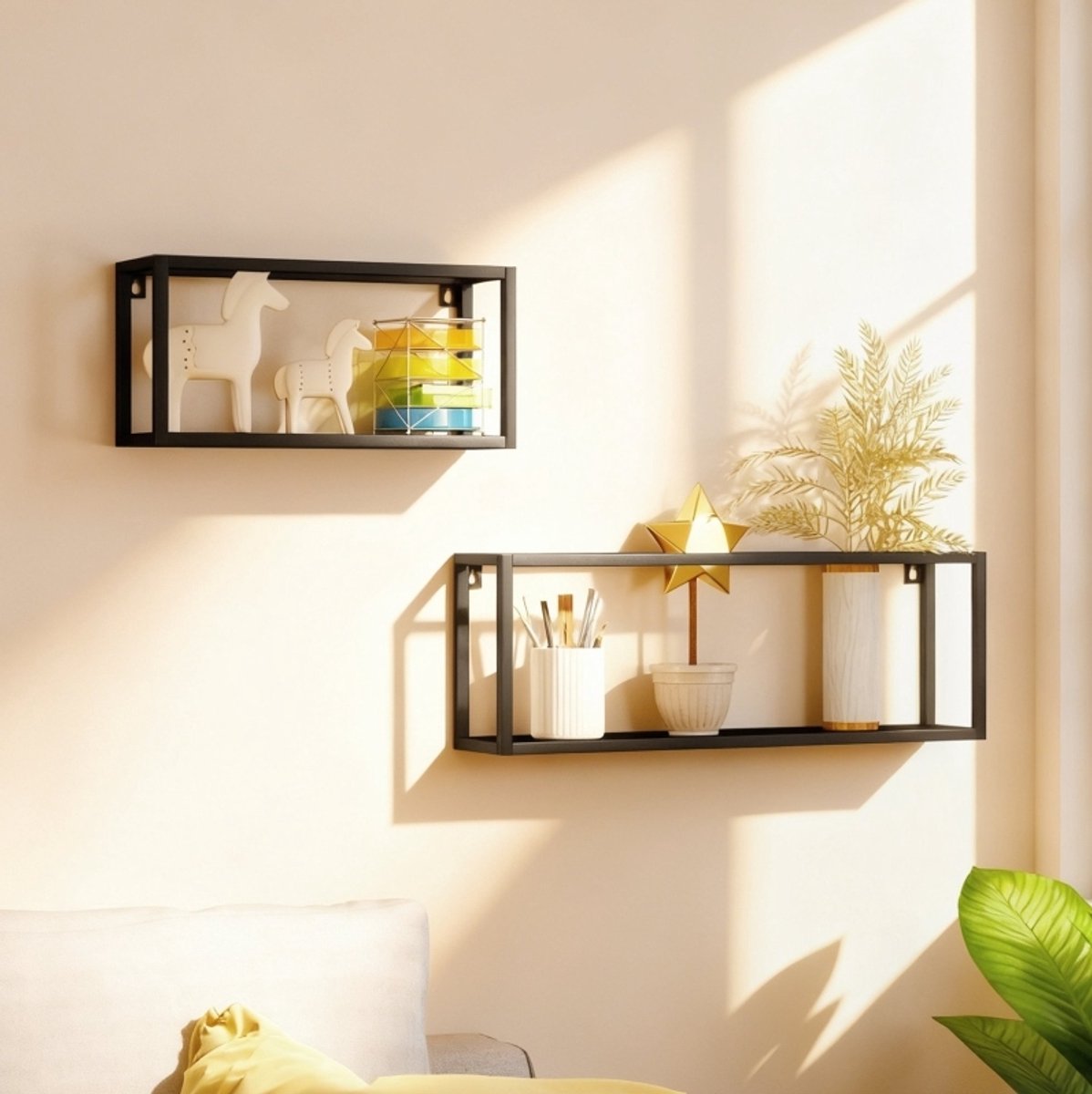 STILVORA Wandregal Set Van 2 60 x 12 x 21 cm en 40 x 12 x 19 cm Staal Zwart Open Wandmontage Voor Opbergen en Presenteren 15 kg