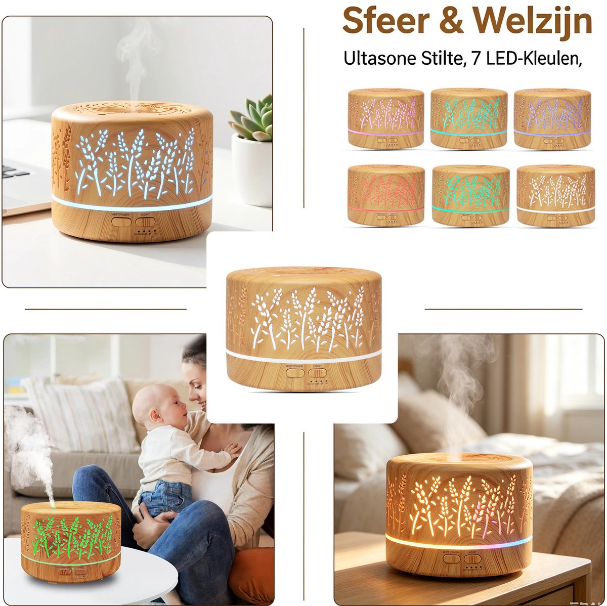 zurabini - Aroma Diffuser- Luchtbevochtiger - met Afstandsbediening - 500ml Geurverspreider voor Etherische Oliën - Aromatherapie Diffuser met 7 LED Kleuren, Timer en Automatische Uitschakeling - Houtlook thumbnail 2