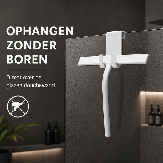 Le racloir de douche blanc s'accroche à la paroi de douche vitrée sans perçage.