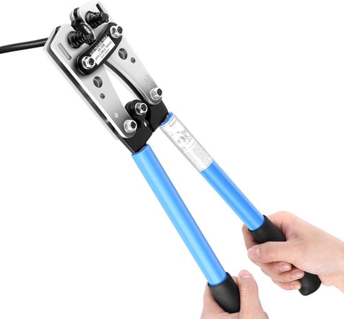 Zeskantige krimptang voor kabelschoenen van 6-50 mm² met ratelmechanisme en antislip handgrepen voor veilig en nauwkeurig persen