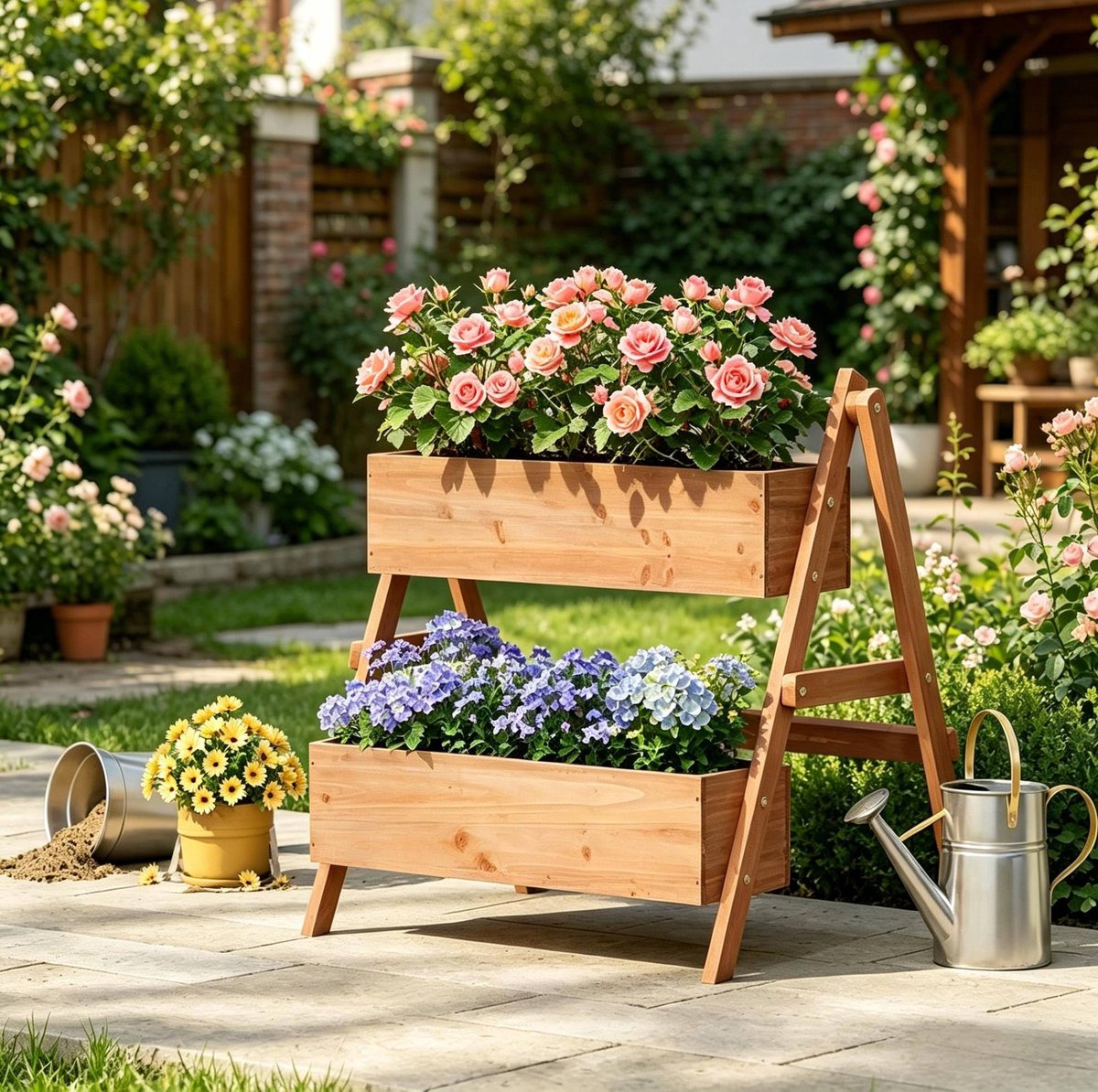 MIVRAY Moestuinbak - Trapvormig Verhoogd Ontwerp - 80 x 62 x 68 cm - Vurenhout - Bruin - Voor Bloemen, Groenten En Kruiden