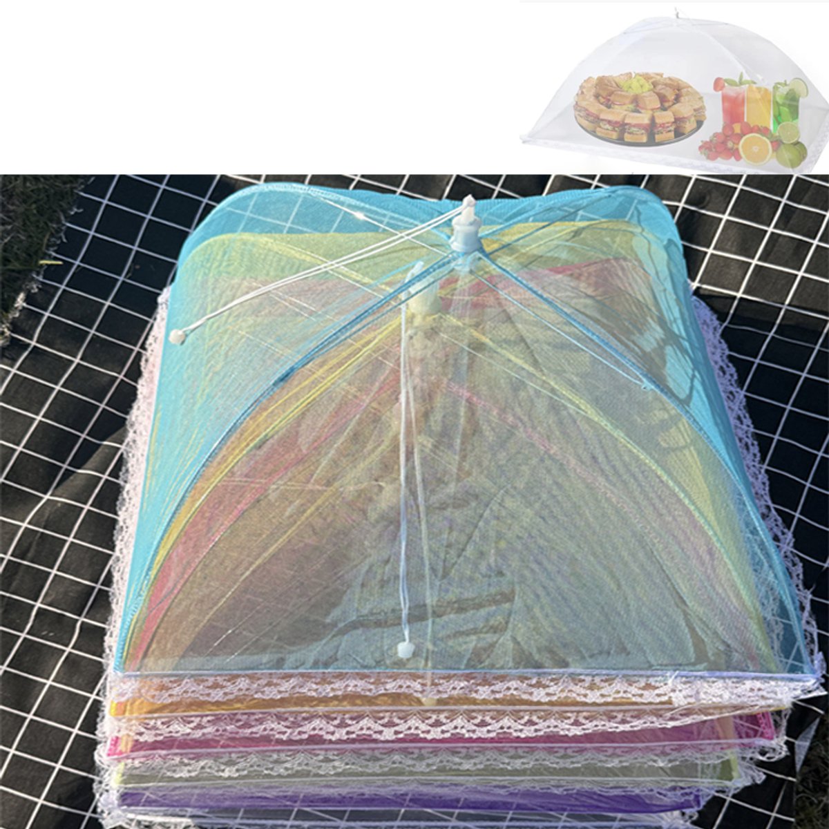KZQ 6-delige opvouwbare voedselhoezen met gaas - Houdt insecten weg - Herbruikbaar en inklapbaar - Inclusief draagtas - Perfect voor picknick BBQ en feestjes - Multicolor