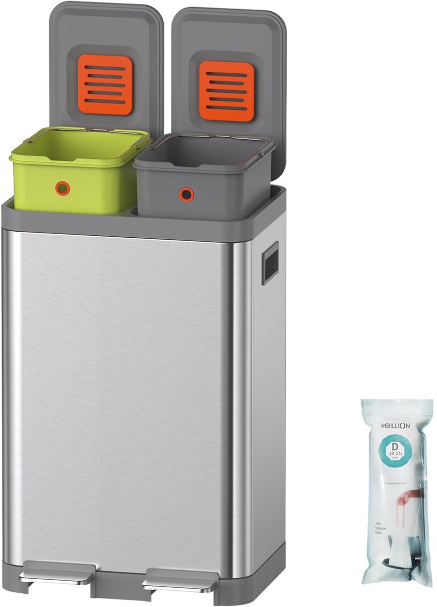 Afvalbak dubbel 20+20L - roestvrij staal - met afneembare binnenemmers - ideaal voor keuken en kantoor - ShopVlot