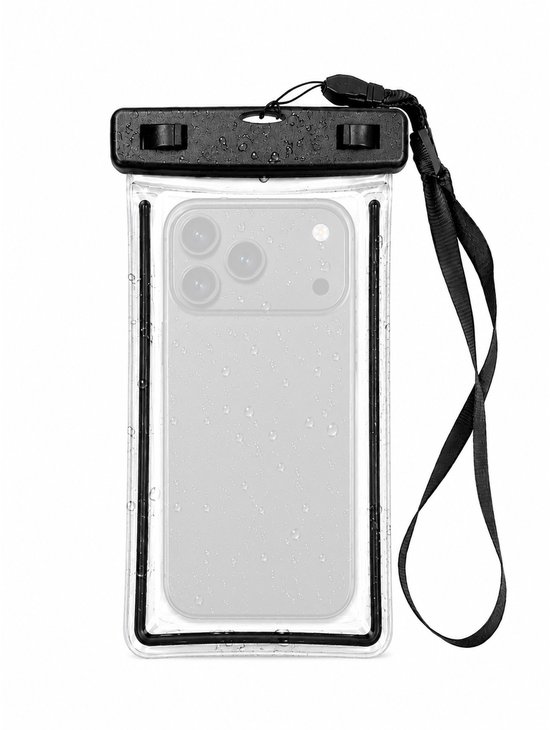 Housse de téléphone noire étanche avec fenêtre transparente, idéale pour une utilisation sous-marine, avec cordon tour de cou.
