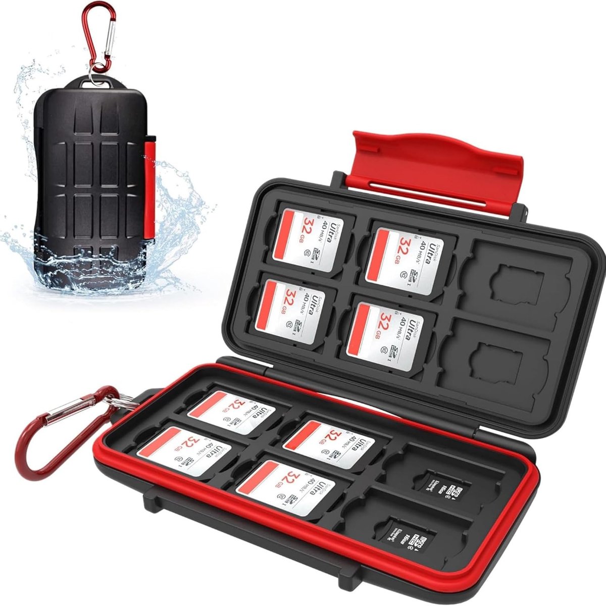 SnelShoppen - Kiorafoto Geheugenkaart Houder voor 12+12 SD en TF Micro SD Kaarten, Waterdicht en Schokbestendig, Inclusief Carabiner voor Veilig Trans