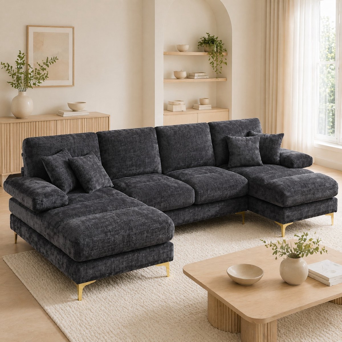 MEUNIQ U-bank 272 x 136 x 88 cm in grijze chenille stof, met twee liggedeelten, hoge metalen poten en houten frame voor de woonkamer