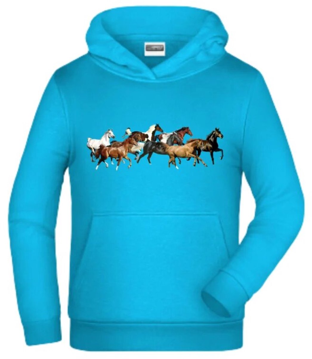 Blauwe kinder hoodie met paarden - Blauw - 170/176