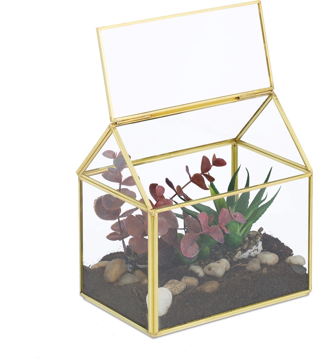 Glazen Planten Terrarium met Koperlook - Mini Kweekkas voor Cactussen, Mos en Kleine Planten - Decoratieve Plantenhouder voor Vensterbank, Bureau en Interieur - Compacte Indoor Kas - 15 x 15 x 10 cm - Goud