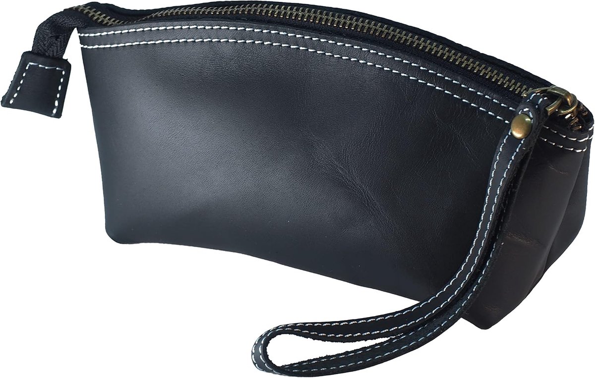 Make-up tas medium - echte leren pencilcase - elegant zwart - perfect voor onderweg - ShopVlot