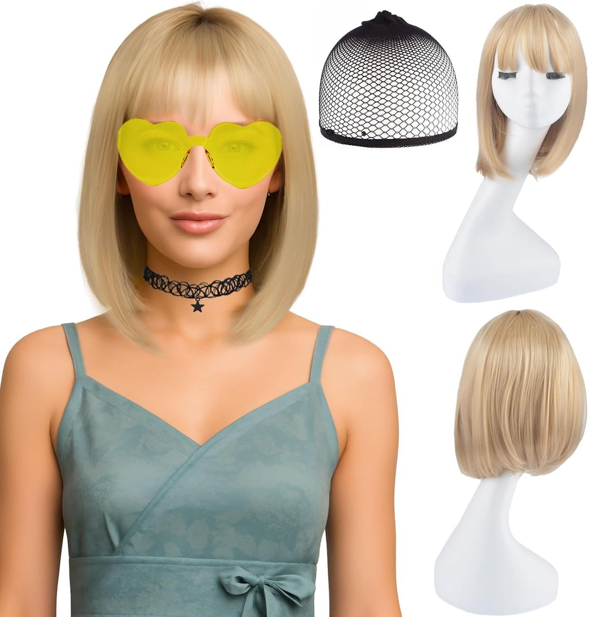 Kort Blond Bob Haarstuk met Pony - Inclusief Haarstukkap, Ketting en Zonnebril - Perfect voor Feestjes - ShopVlot