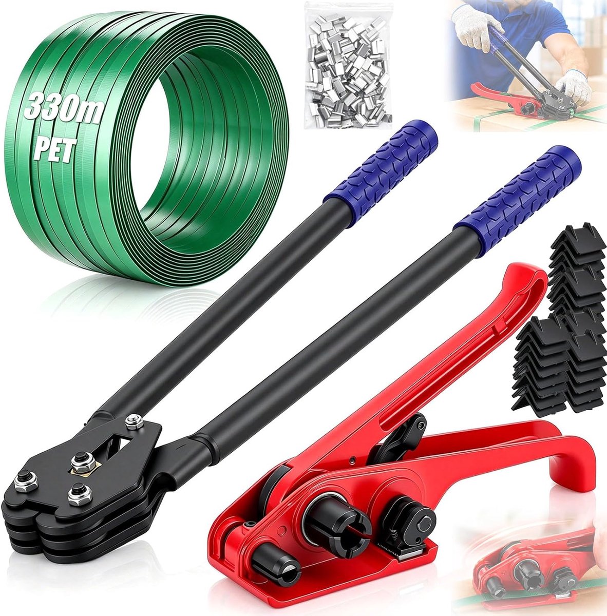Omsnoergereedschap, handmatige omsnoerset (12-19 mm), spanband met 330 m PET-omsnoering, 150 metalen gespen, 100 hoekbeschermingsset met handgereedschap voor de verpakking