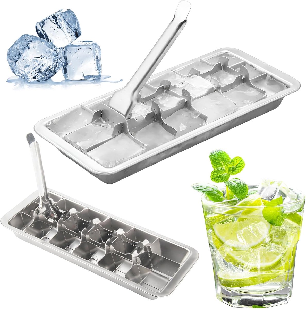 2 Stuks Roestvrij Staal IJsblokjesvorm 18 Verwijderbare sleuven Gemakkelijk los te maken Zilveren Vierkante IJsblokjesvorm met Handvat voor Dranken Whisky Gin Rum (Afmetingen IJsblokjes: 2,8 x 2,8 x 4