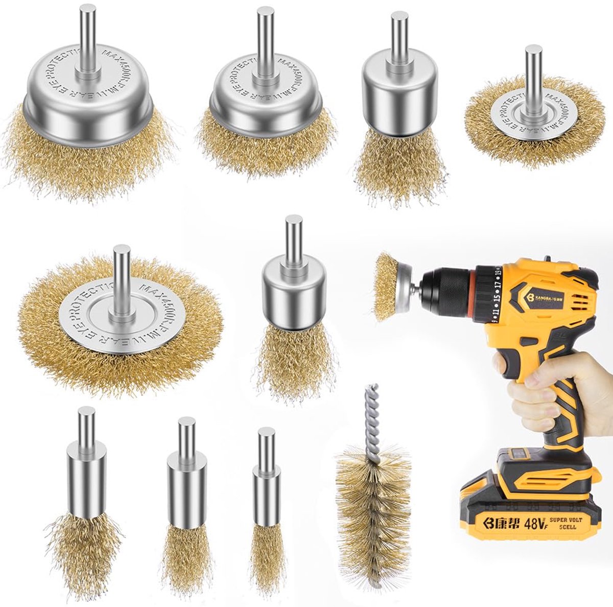 Draadborstelset, 10-delig, voor boormachine, ronde schacht 6 mm, schijfborstel, messingborstel, boormachine met 1/4 inch potborstelset, voor het verwijderen van roest en corrosie, reinigen