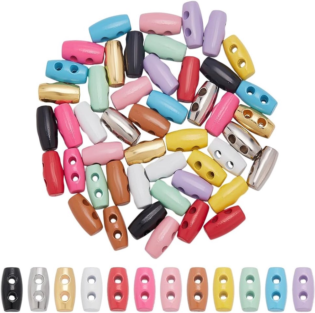 48 STKS Mini Legering Toggle Knoppen 10mm 2-Gaten Kleine Metalen Toggle Hoorn Knop 12 Kleuren Naaien Hoorn Schakelaar Knop Legering Trui Jassen Knoppen voor Jas Kleding Naaien DIY Craft