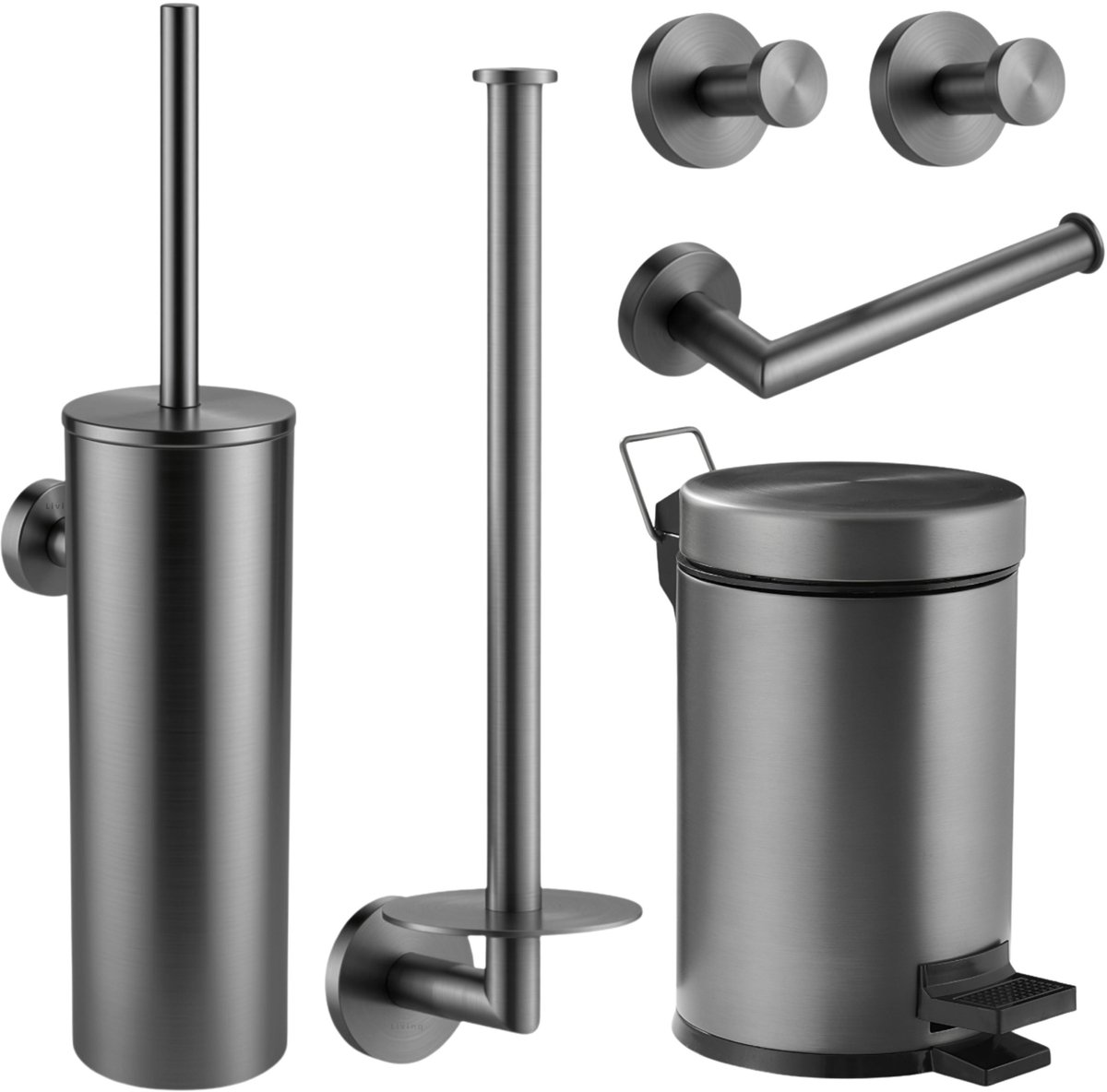 Toiletaccessoireset Gun metal - Pedaalemmer 3L - Toiletborstelhouder - Toiletrolhouder - Reserverolhouder - Handdoekhaakjes - Gunmetal PVD