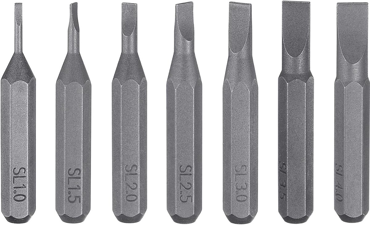 7-delige SL1,0 SL4,0 sleufschroevendraaierbitset, bitset 4 mm zeskantschacht 28 mm lengte magnetische platte kop hex bits S2 staal gereedschapsset elektrische schroevendraaier