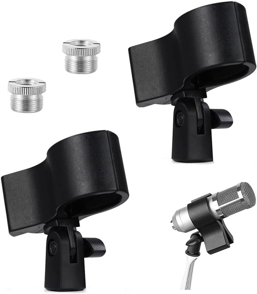 Set van 2 verstelbare microfooncliphouder, universele microfoonclip voor handmicrofoonstandaard, met 5/8" mannelijk naar 3/8" schroefadapter, zwart