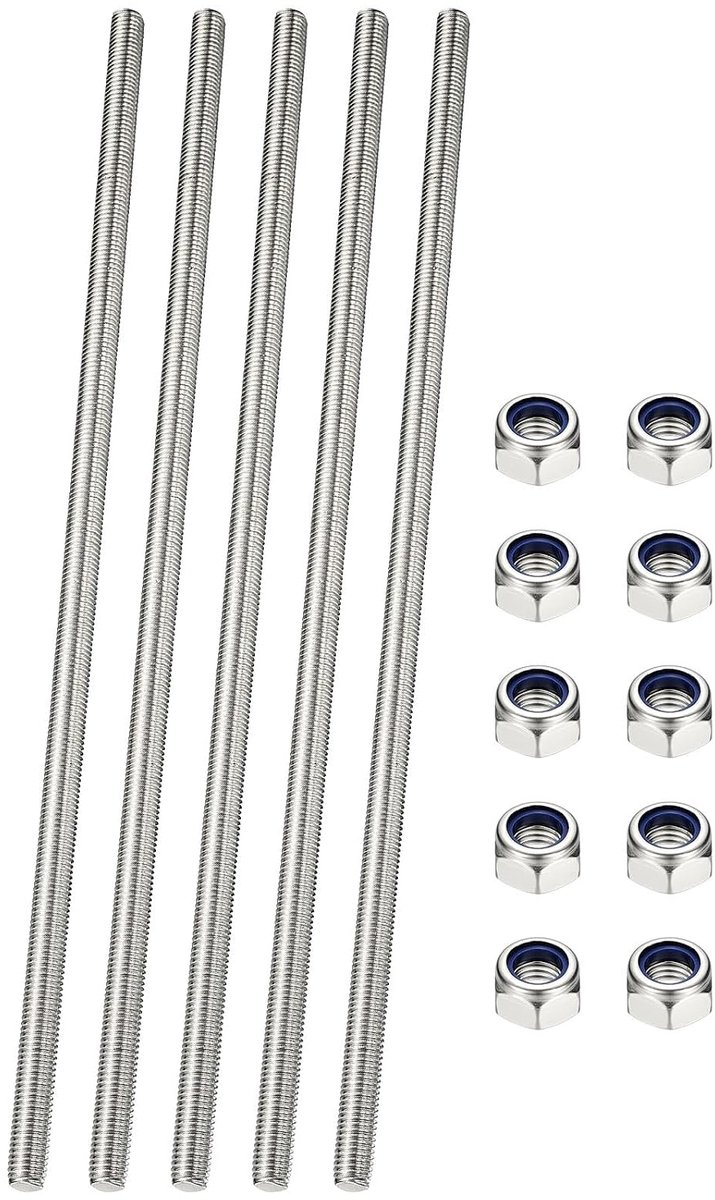 5 stuks draadstangen, compleet M4 x 400 mm, roestvrij staal, 304 lange draadstang rechts, met moeren voor buisklemmen, U-bout